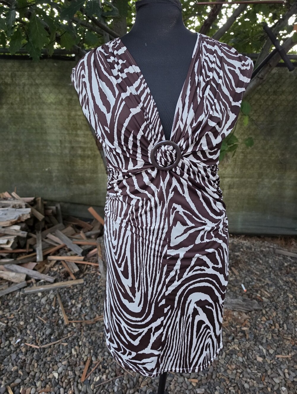 Vtg 90s/Y2K Brown Zebra Print Ruched O-Ring Mini Dress Whimsigoth Indie Sleaze